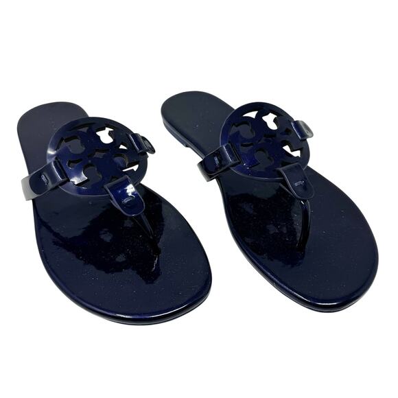 TORY Burch Sea Blue Indigo Navy Patent Leather Soft Miller Logo Sandals Size 7.5 - Picture 3 of 8